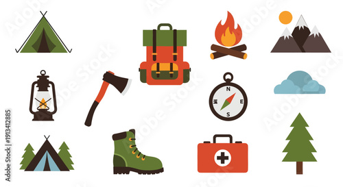 Collection of camping and outdoor adventure essentials for nature exploration.