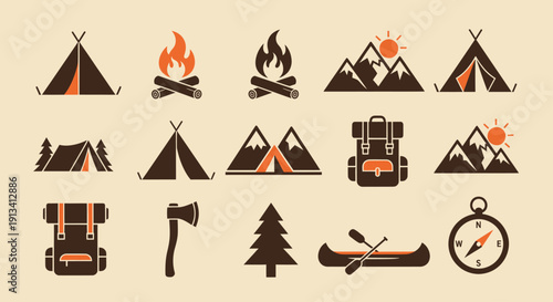 Collection of camping and outdoor adventure icons including tents campfires mountains and equipment.