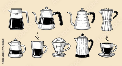 Collection of Coffee Brewing Devices and Cups.