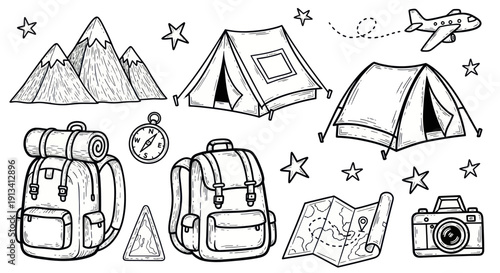 Collection of camping and travel gear illustrations.