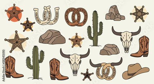 Collection of Hand-Drawn Western and Cowboy Themed Elements.