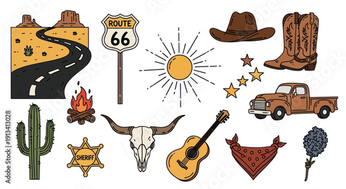 Collection of Hand-Drawn Wild West and Cowboy Themed Elements.