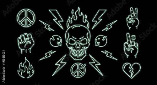 Collection of Neon Rock and Roll Symbols and Icons.