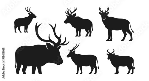 Collection of Six Majestic Deer Silhouettes in Various Poses.
