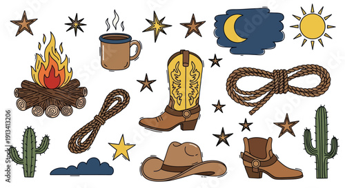 Collection of Western and Cowboy Themed Elements and Icons.
