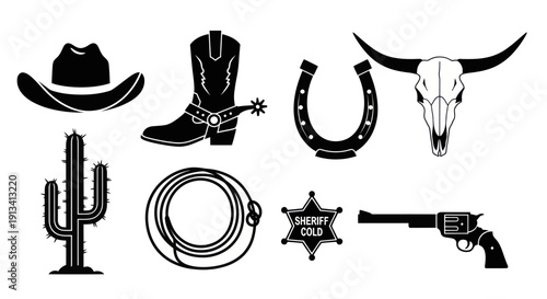 Collection of Western Cowboy Icons and Symbols.