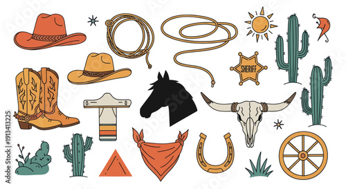 Collection of Western and Cowboy Themed Elements and Objects.