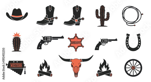Collection of Wild West and Cowboy Themed Silhouettes and Icons.