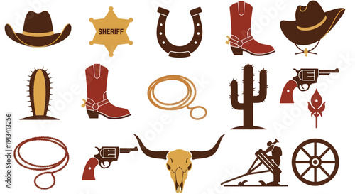 Collection of Wild West and Cowboy Themed Objects and Symbols.