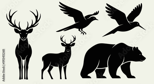 Collection of wildlife silhouettes featuring deer, birds, and a bear, showcasing various animal forms.