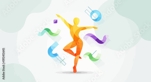 Graceful Dancer Performing Elegant Moves Surrounded by Flowing Abstract Shapes