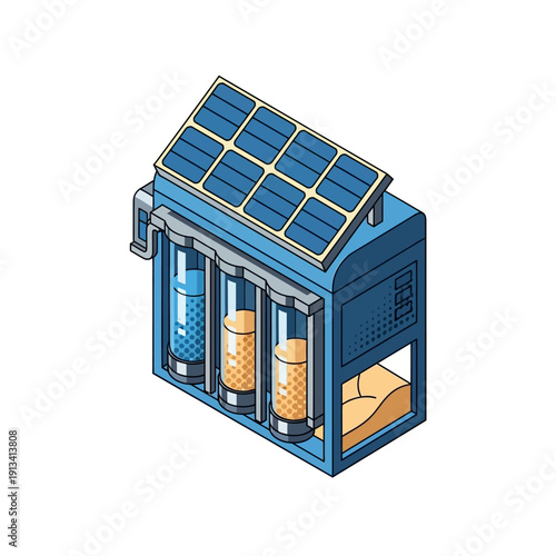 Innovative Vector Illustration of a Solar-Powered Desalination System for Clean Water Production, Demonstrating Sustainable Technology