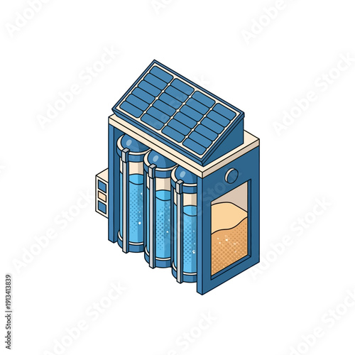 A Detailed Vector Illustration of a Compact Solar-Powered Desalination Plant, showcasing advanced technology and eco-friendly water purification solutions