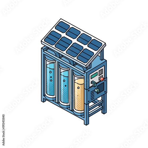 Sustainable water processing Vector illustration showcasing a solar-powered desalination unit. Clean energy technology for environmental water purification solutions
