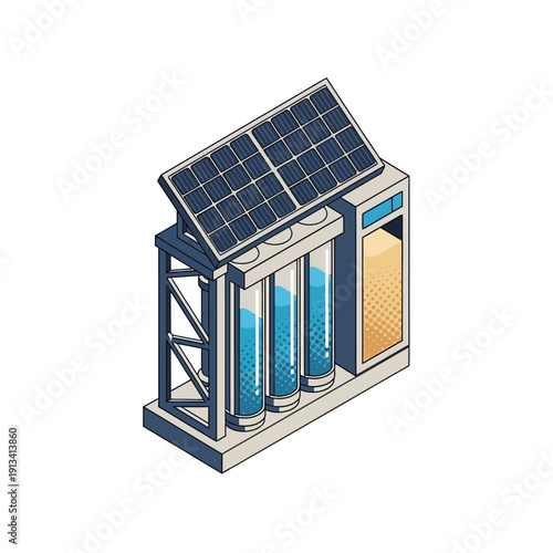 Vector isometric illustration of a solar-powered water purification system. Sustainable technology provides clean water, promoting green energy and environmental solutions