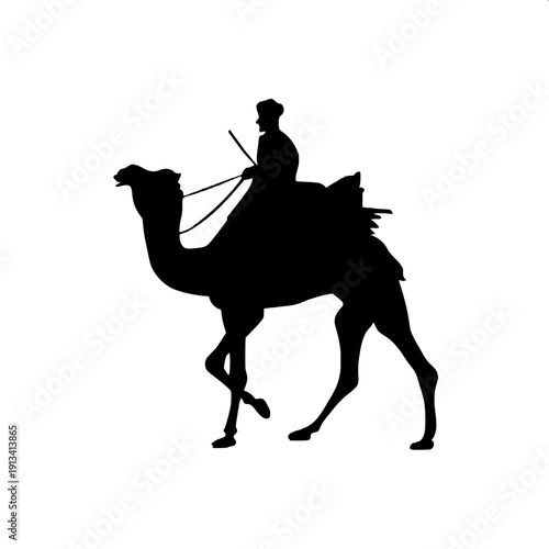 "Black silhouette of a man leading a camel with rope, another person sitting on the camel, side profile view, solid black shadow figures, minimalistic style, white background, high contrast vector art