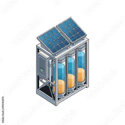 Vector illustration showcasing a modern solar-powered water treatment system, ideal for desalination or purification processes, with integrated energy storage