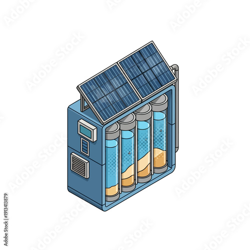 Vector illustration of an innovative solid state battery unit powered by solar panels, showcasing advanced energy storage technology and sustainable power solutions