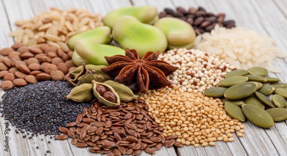 Naklejka premium Assortment of various seeds and grains, a healthy food selection.