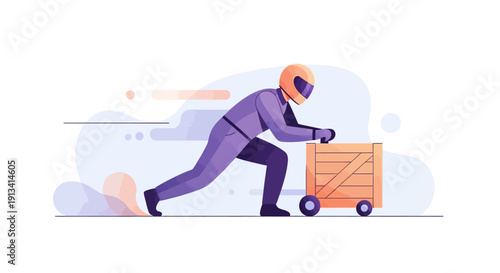 Delivery driver in helmet pushing a crate with wheels fast on the road