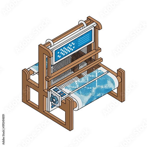 Detailed Vector Illustration of a Traditional Hand Loom, showcasing the intricate craft of textile weaving and artisan fabric production in an isometric perspective