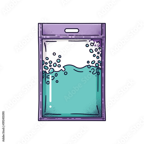 Vector illustration of a sleek pouch with effervescent blue liquid, ideal for soluble laundry detergent or cleaning concentrate, presented in a hand-drawn line art style