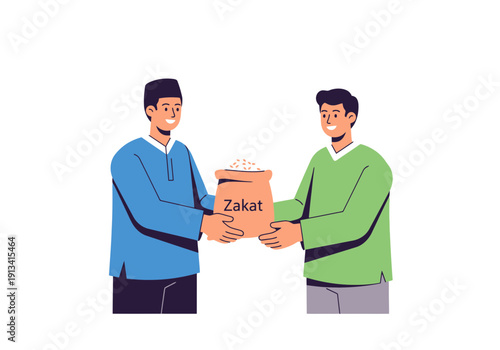 Two men exchanging Zakat donation box in a modern minimalist flat color style on a white background symbolizing charity and kindness in a social context