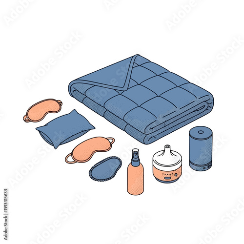 Cozy Relaxation Essentials Vector Illustration Weighted Blanket, Pillow, Eye Masks, Aromatherapy Diffuser, and Spray for Ultimate Comfort