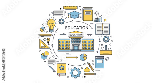 Education concept with school building and learning elements in a circular arrangement.