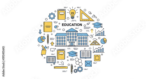 Education concept illustration with school building and learning symbols.