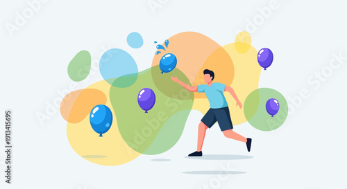 Man chasing balloons illustration with colorful abstract shapes in background