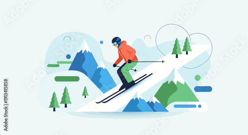 Skiing down a snowy mountain with ski poles in hand amidst winter scenery