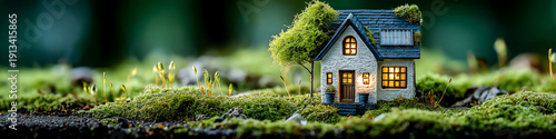 Sustainable Miniature House with Solar Panel on Moss and Wide Copy Space
