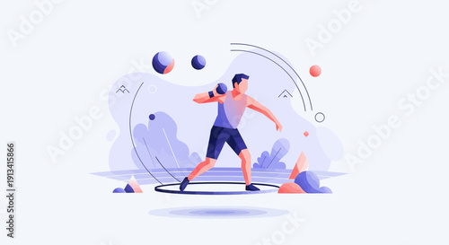 Illustration of a male athlete practicing shot put in a sporting competition