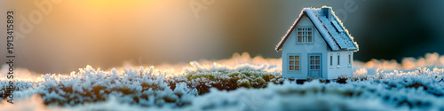 Eco Friendly Miniature House in Winter Snow with Warm Sunrise Light and Wide Copy Space