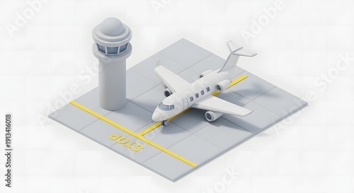 Isometric Airport Runway Scene Clay Style 3D Rendering on White Background