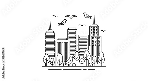 City Skyline with Buildings and Trees.