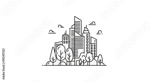 Modern City Skyline with Tall Buildings.