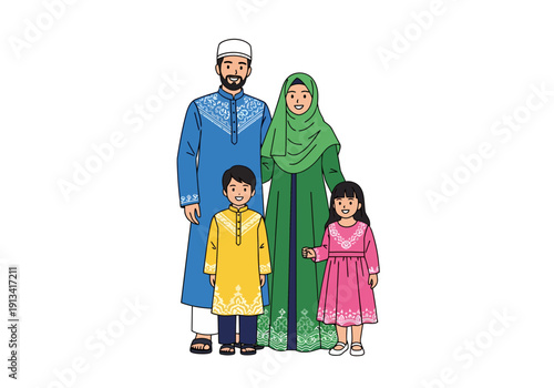Traditional Muslim family of four standing together, vibrant clothing, colorful, flat design, modern, simple, elegant, cultural, religious, family portrait, togetherness, unity, love, happin