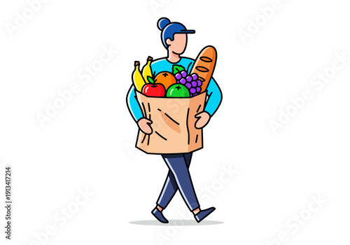 A cheerful grocery delivery person carrying a large brown paper bag overflowing with colorful fresh produce and a loaf of bread in a modern minimalist flat vector style on a white background