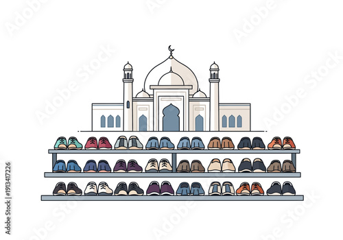 Vibrant mosque scene with diverse crowd of people removing shoes before entering Islamic place of worship in traditional attire against clean white background in flat modern illustration sty