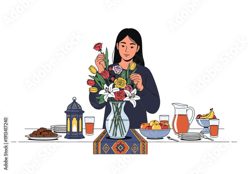 Woman arranging colorful flowers in vase on table with food and drinks for Ramadan iftar celebration in modern minimalist style