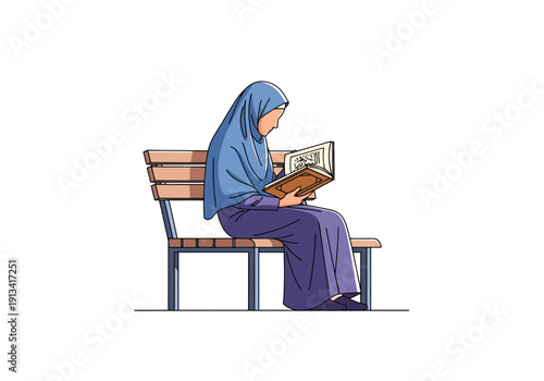 A Muslim woman wearing a blue hijab and long purple dress sitting on a wooden bench reading a newspaper in a minimalist modern flat color style