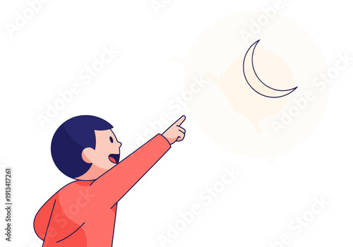 A cute cartoon boy in a red shirt pointing upwards at a crescent moon in a dreamy nighttime scene with a minimalist flat artistic style and a sense of wonder and curiosity.