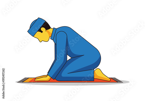 Man in blue Islamic prayer outfit kneeling on orange prayer mat in prostration position during Muslim religious worship, simple flat cartoon style