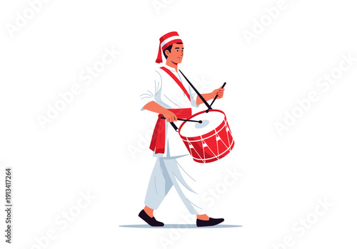 Traditional Middle Eastern drumming man in white and red attire marching sideways with sticks and big red drum in modern minimalist flat vector style for cultural or festive event promotions