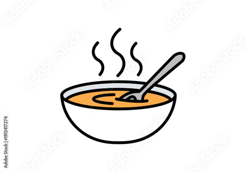 Steaming hot soup in a white bowl with a spoon, minimalist line art style, simple and modern food illustration, isolated on white background for culinary or restaurant concept