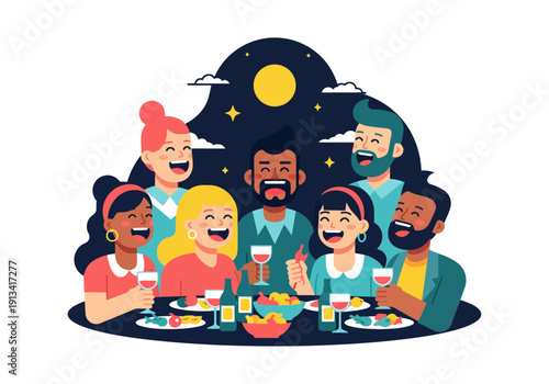 Diverse group of friends enjoying a nighttime dinner party with food, drinks, and laughter, vibrant colorful cartoon modern illustration, casual gathering, socializing, celebration