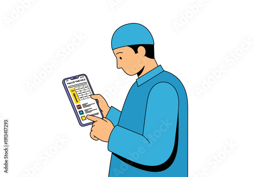 Cartoon Muslim man in blue traditional attire reading smartphone with focused expression in modern minimalist style on white background for editorial and commercial use