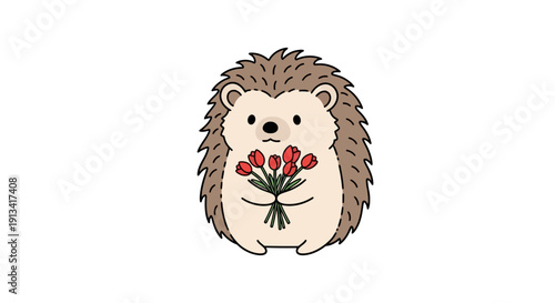 Adorable cartoon hedgehog holding a bouquet of red flowers in a cute, minimalist, flat artistic style on a white background for Valentine's Day or love concept